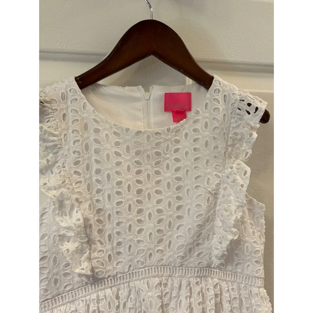 Lilly Pulitzer Girls White Eyelet Ruffle Sleeveless Dress Summer Party ~SZ 10